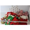 Image 1 : Electric Lighted Star, Garland, Bows, (8) Santa Hats, Christmas Stockings, Snoopy Ornaments