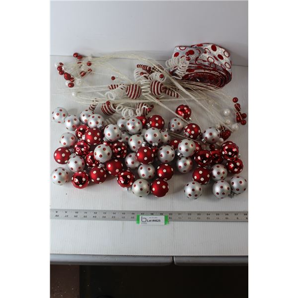 Polka-Dotted Christmas Tree Ornaments, Red & White Spiral Ornaments, Polka-Dotted Ribbon