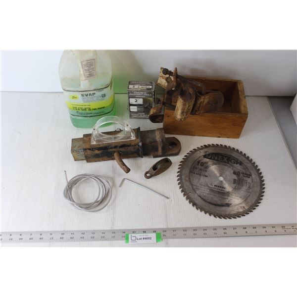Antique Trailer Hitch, Receiver, 10" Saw Blade, Concrete Nails, Pulley, Wooden Box, Evaporator Coil 