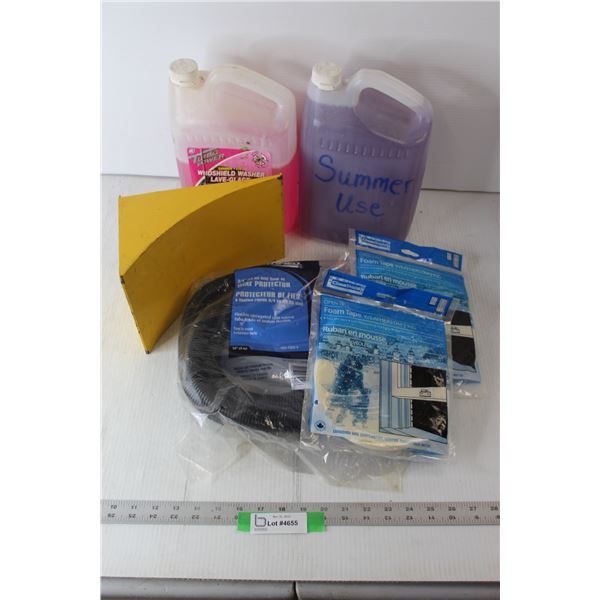 (2) Jugs Windshield Fluid, Wheel Chock, Weatherstripping, Wire Protector