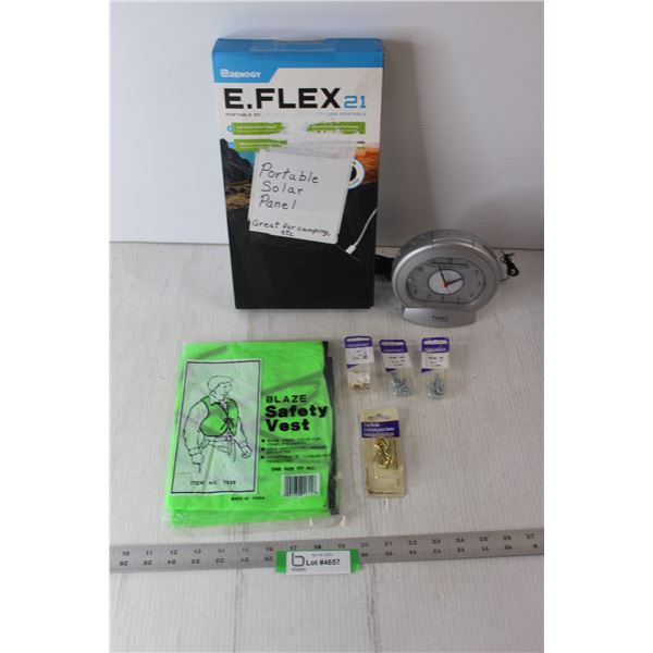 Portable Solar Panel, (2) Safety Vests, Timex Radio Alarm, Hardware
