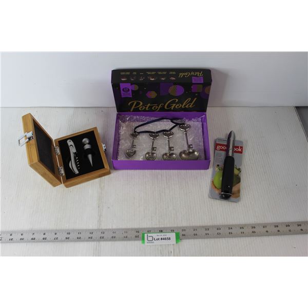 Corkscrew/Stopper in Wooden Box, Set of (4) Collector Heart Spoons, Corer/Peeler