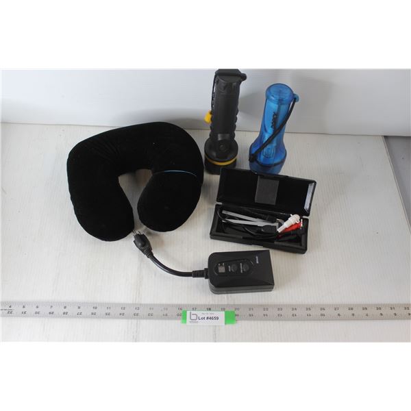 Vibrating Neck Pillow - Untested, (2) Flashlights, Woods Electric Timer, Electronic Cords in Case
