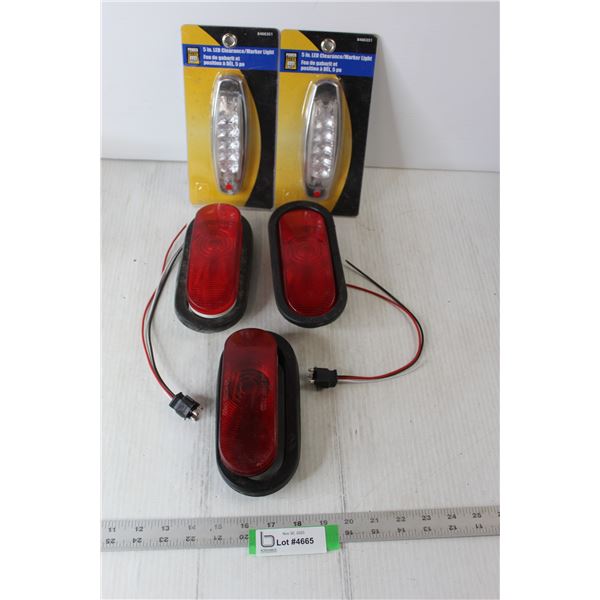 (2) 5" LED Clearance/Marker Lights, Sealed, (3) Red Automotive Lights With (2) Wires