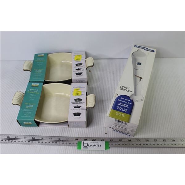 (2) Cast Iron Enameled 10" Dish - Proctor Silex Hand Blender (NIB)