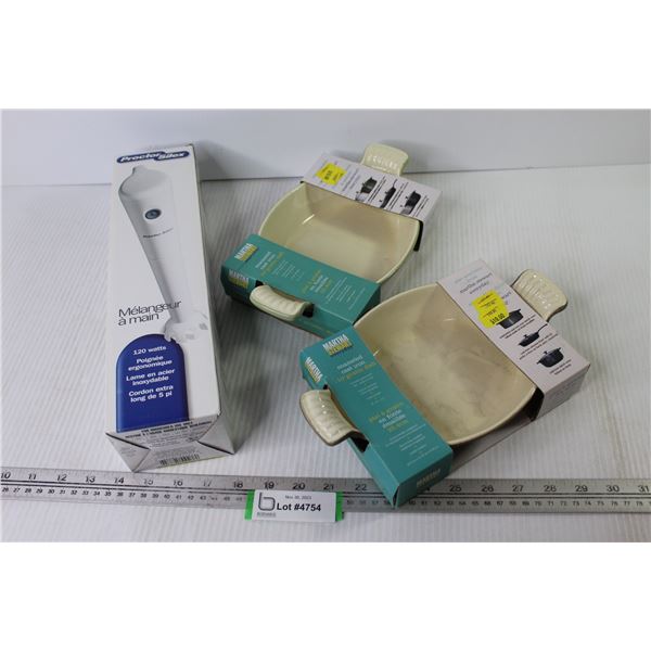 (2) Cast Iron Enameled 10" Dish - Proctor Silex Hand Blender (NIB)