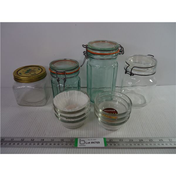 (6) Dessert Bowls and (4) Glass Storage Containers