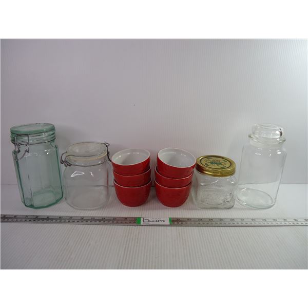 (6) Dessert Bowls and (4) Glass Storage Containers