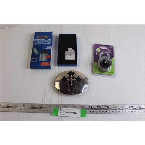 Cross Belt Buckle, Dual Flame Butane Insert, Combination Padlock - Sealed