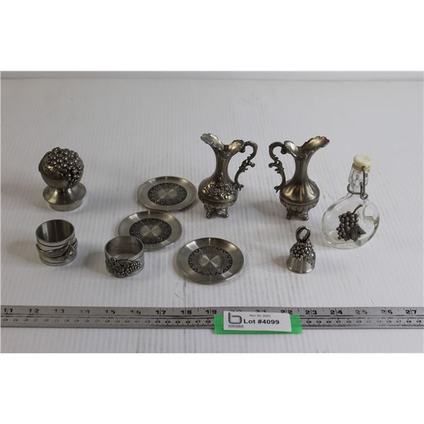 (10) Pewter Pieces - Napkin Rings, Syrup Bottle, Pitchers, etc.