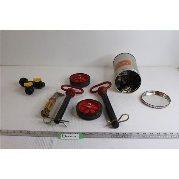(2) Hitch Pins, (2) Wheels, Misc.