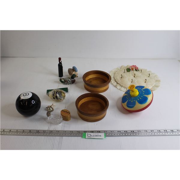 (3) Bells, (2) Wood Bowls (?), Magic 8 Ball, Misc.