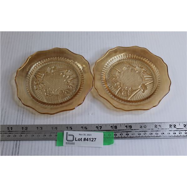 (2) Depression Glass Iris and Herringbone Iridescent Gold Plates