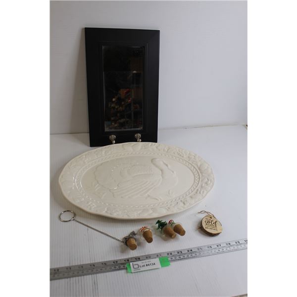 Christmas Ornament, Wall Mirror with Hooks, Serving Plate, (4) Christmas Corks
