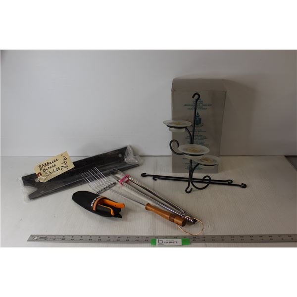PartyLite Hanging Tea Light Candle Holder, BBQ Burner Shields (New), BBQ Utensils (2), Pruning Sheer