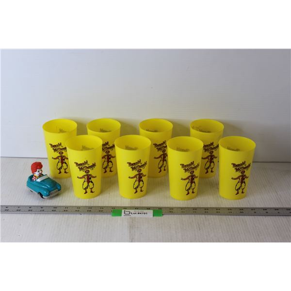 (8) Retro Ronald McDonald Plastic Cups, McDonald Car Toy