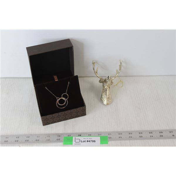 Sterling Silver Multi-Loop Necklace, Reindeer Plastic Ornament (Nose has Damage)