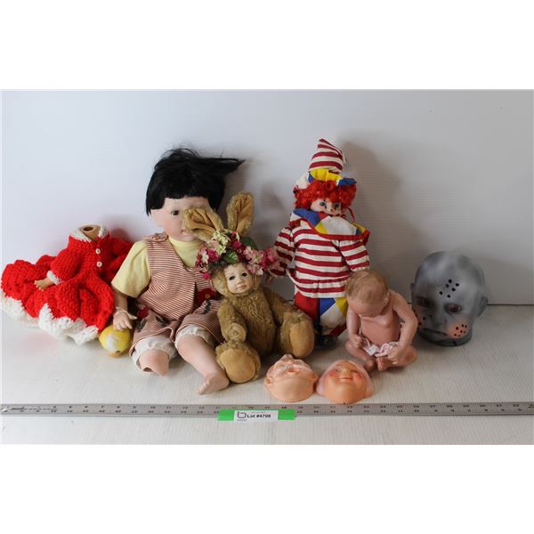 Lot of Vintage Dolls - Clown on Stand, Bunny w/flowers Doll, Misc.