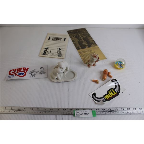Hutterite Cooking Booklet, CJWW and 92.9 The Bull Stickers, Misc.
