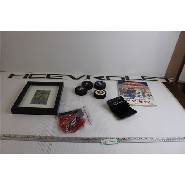 Chevrolet Emblem Letters, (4) Hockey Pucks, Misc.