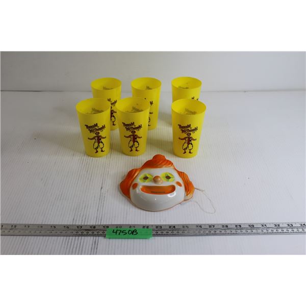 (6) Ronald McDonald Cups, Clown Mask