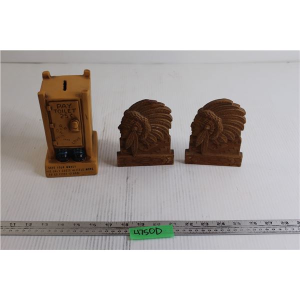 Toilet-Themed Bank, (2) Indigenous Book Ends