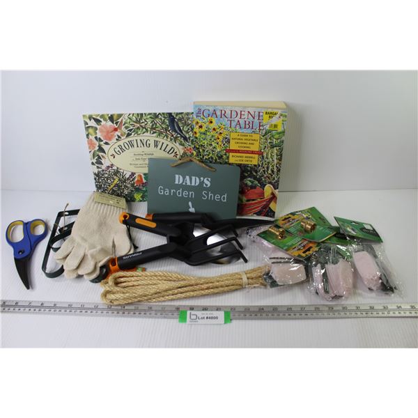 (2) Gardening Books - Gardening Related Items - Plant Labels - Metal Dad Sign - Rope