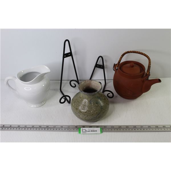 (2) Metal Wall Hangers - Clay Teapot - Ceramic Pitcher - Stoneware Vase