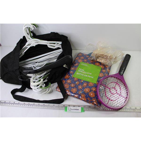 Bag of Clothes Hangers - Table Cloth - Bug Zapper - Wooden Clothes Pins