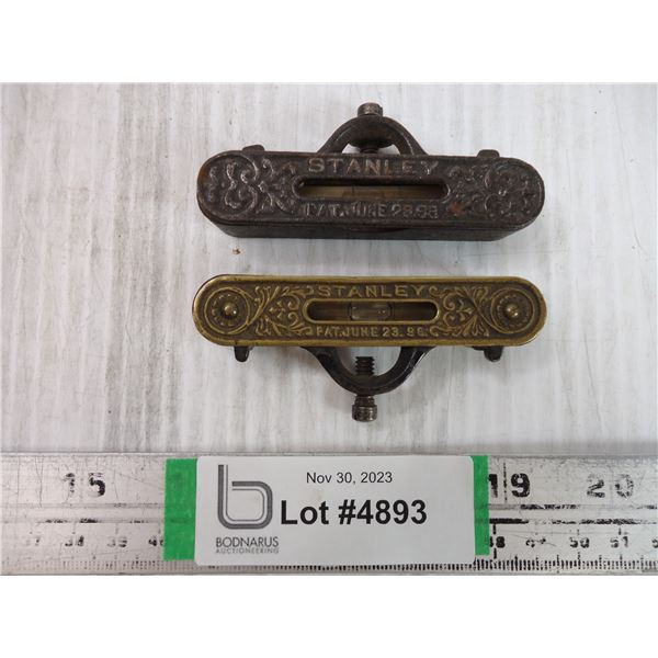 (2) Antique 1896 Stanley Brass Plate & Steel Pocket Level with Flower Design