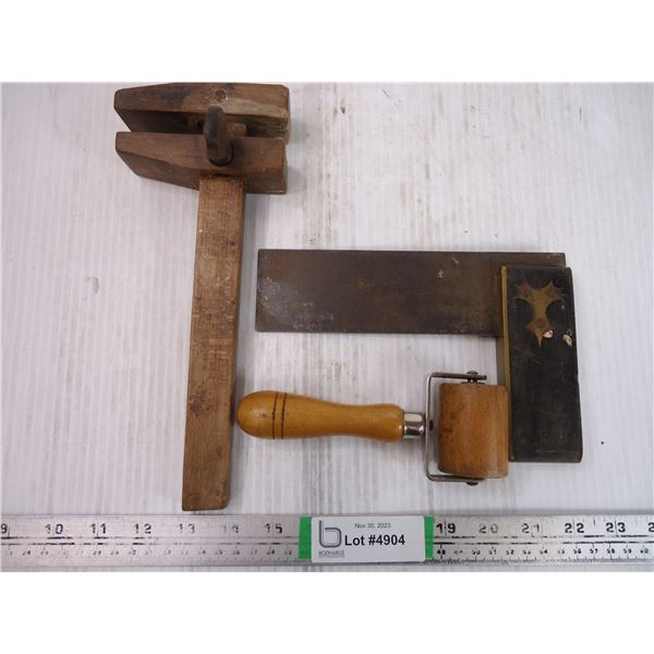 Vintage Carpenter's Scribe, Wood handle Wallpaper Seam Roller and 6" Brass/Steel/Wood Square