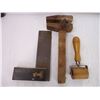 Image 5 : Vintage Carpenter's Scribe, Wood handle Wallpaper Seam Roller and 6" Brass/Steel/Wood Square