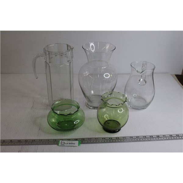 (2) Glass Pitchers, Glass Vase, (2) Flower Vases