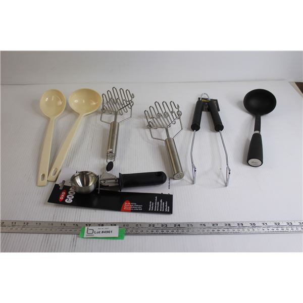 (2) Mashers, (3) Ladles, Barbecue Tongs, Trigger Scoop