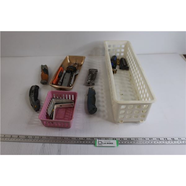 (10+) Assorted Bits, (7) Brackets, Assorted Tools, Misc.