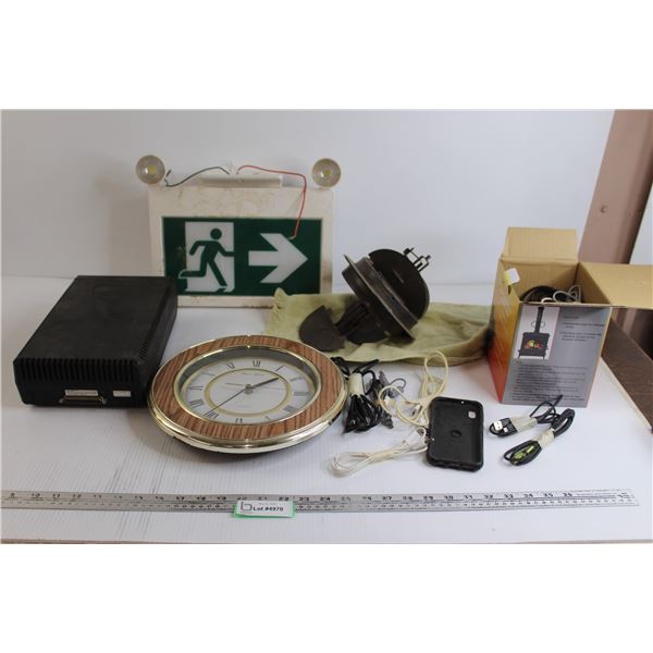 Clock - Works, (20+) Phone Chargers - Apple and Android, Exit Sign, Misc.