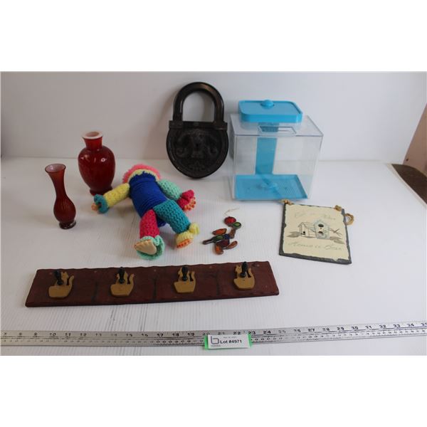 Key Holder, Clown Toy, (2) Vases, Misc.