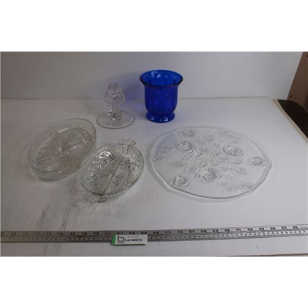 (2) Divided Dishes, Rose Dish, Glass Candleholder, Blue Vase