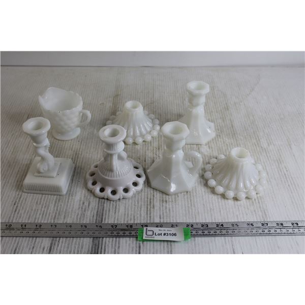 (6) Milk Glass Candlesticks and Small Milk Glass Creamer