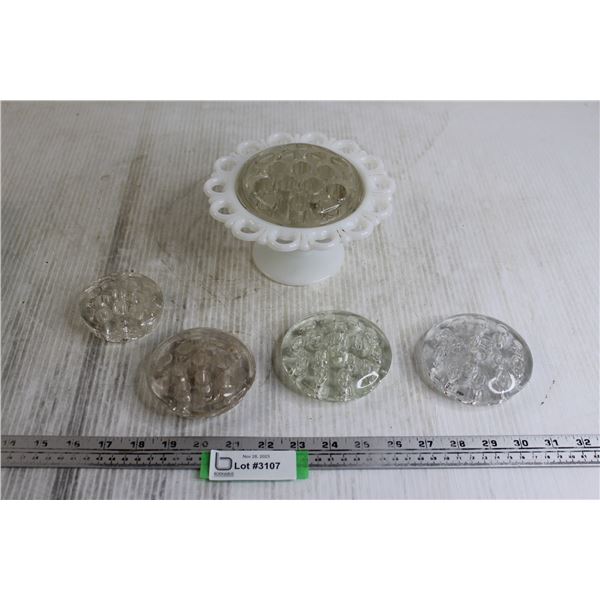 (5) Flower Frogs, Milk Glass Centrepiece Vase