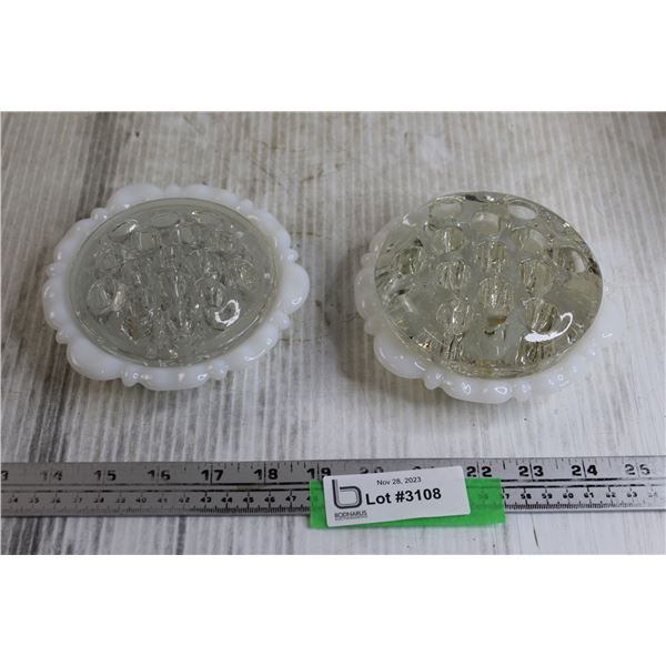 (2) Milk Glass Centrepiece Vases w/ Flower Frogs