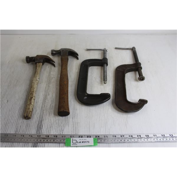 (2) C-Clamps, (2) Hammers
