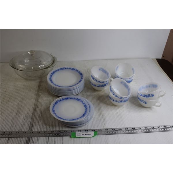 (24) Pieces of Thermo -Ray Milk Glass Dishes + Casserole Dish