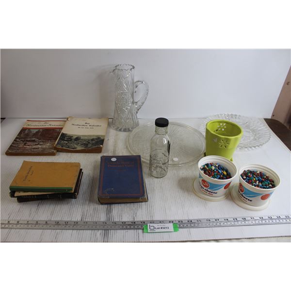 Crystal Pitcher - Has Crack, (2) Glass Platters, (6) German Books/Booklets, Misc.