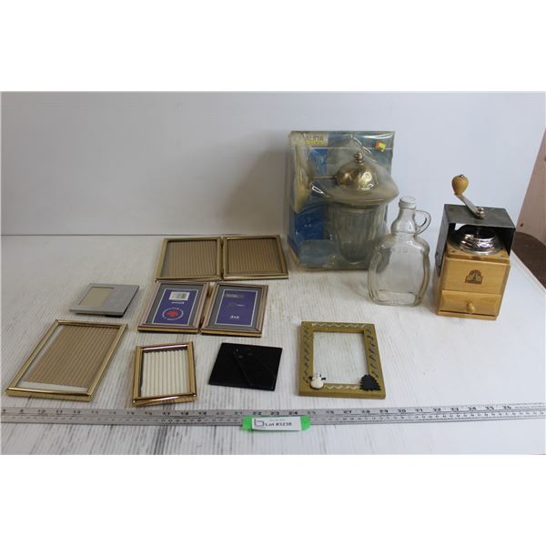 Glass Maple Syrup Bottle, Coffee Grinder, (6) Picture Frames, Outdoor Lamp