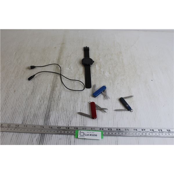 (3) Small Pocketknives, Smart Watch with Charger - Works