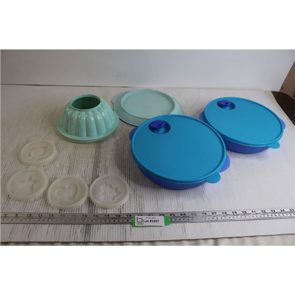 (2) Tupperware Divided Food Containers, Tupperware Gelatin Mold with Accessories
