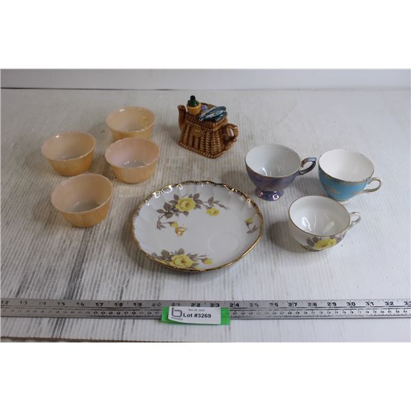 Novelty Teapot, (3) Teacups, Misc.