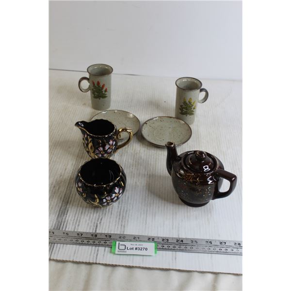 (2) Mugs with Matching Saucers, Matching Cream and Sugar, Teapot