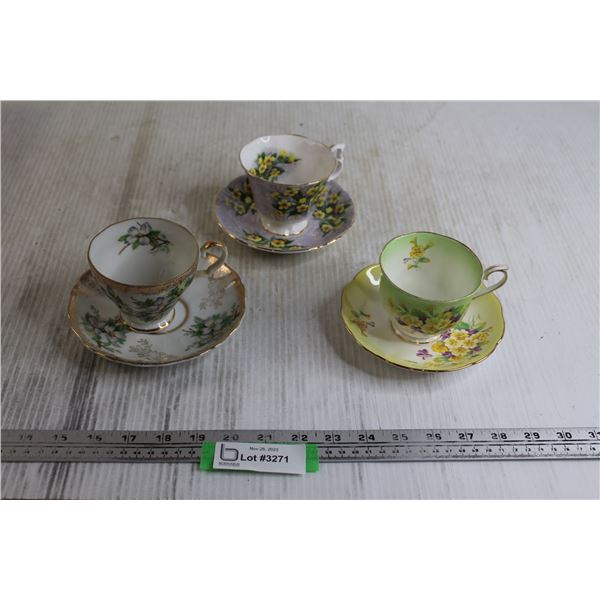 (3) Teacups with Matching Saucers - (2) are Royal Albert